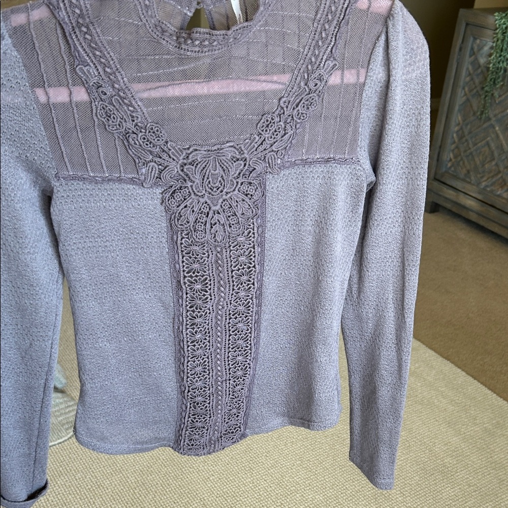Free People Lavender Lace-Front Long Sleeve Tee